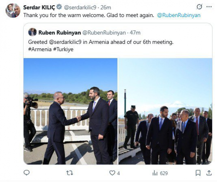 Սերդար Քըլըչը ջերմ ընդունելության համար շնորհակալություն է հայտնել Ռուբեն Ռուբինյանին